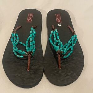Women's Beaded Sandals - Black and Turquoise
